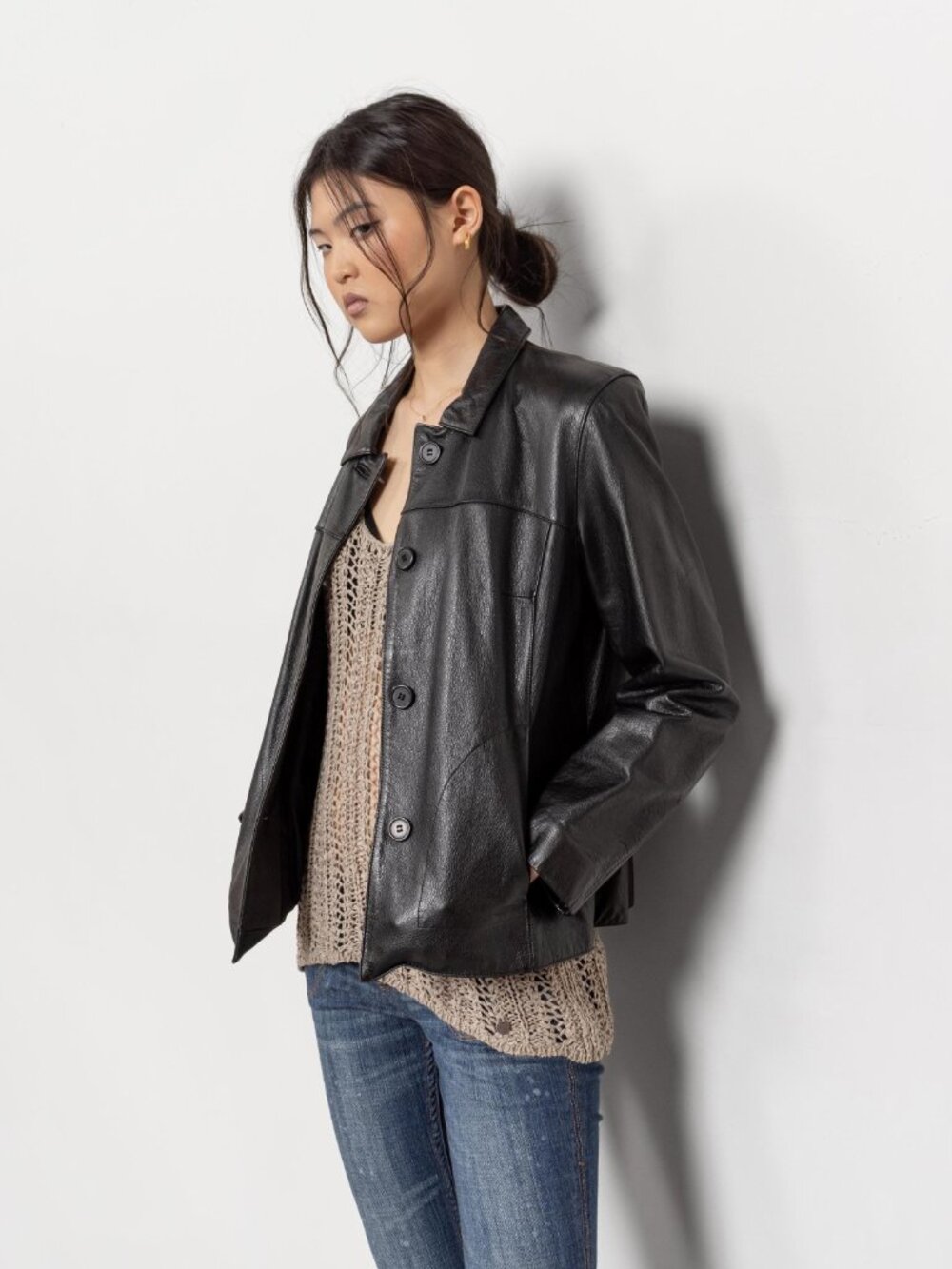 LEATHER JACKET Black Y2K Vintage Women / Small